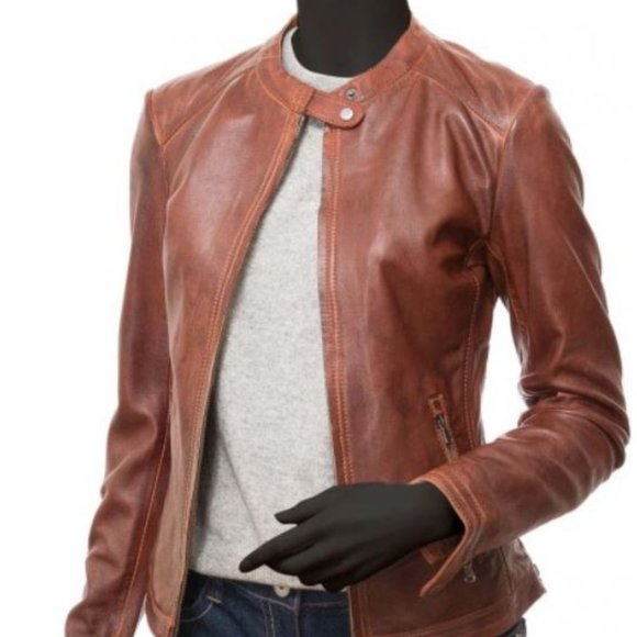 Ladies Tan Genuine Leather Biker Jacket - New with tags! - Picture 2 of 3